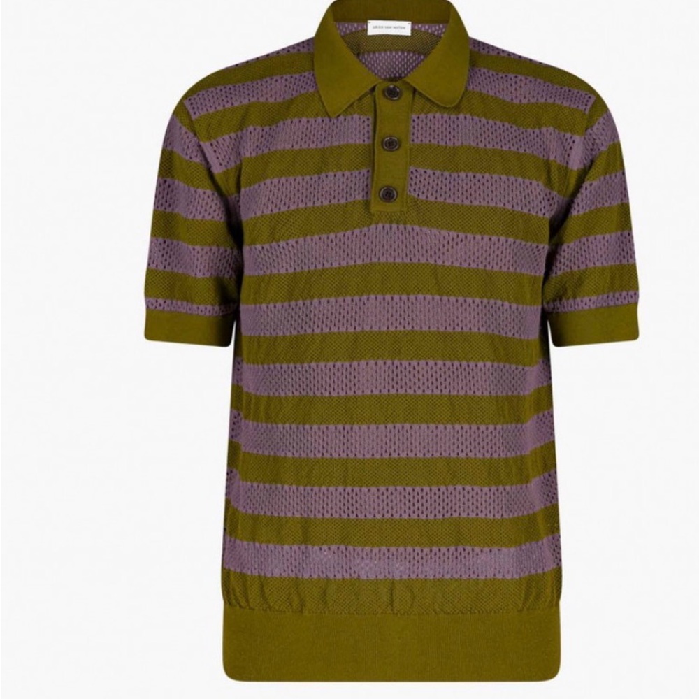 Dries Van Noten Olive and Lavender Striped Knit Polo
